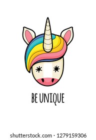 unicorn face with quotes. vector portrait of a funny unicorn girl with text. banner with cute unicorn. Be unique