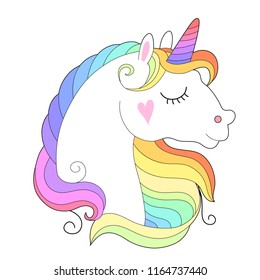 Unicorn face with rainbow hair vector illustration. White unicorn head element for kids fashion print, cards or posters