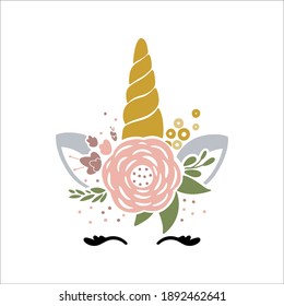Unicorn face with rose, isolated on white background, vector illustration