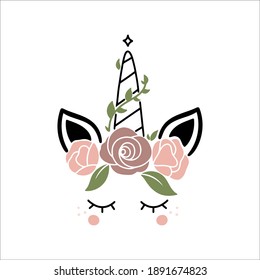 Unicorn face with roses, isolated on white background, vector illustration