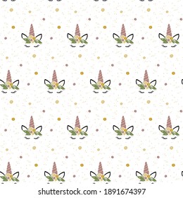 Unicorn face seamless pattern with flowers, vector illustration