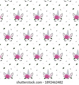 Unicorn face seamless pattern with peonies, vector illustration