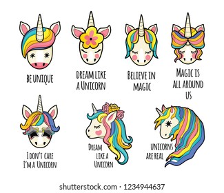 unicorn face set with quotes. Born to be unicorn. Believe in magic. Be unique. 