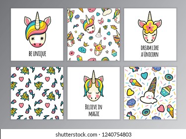 unicorn face set with quotes. vector portrait of a funny unicorn girl with text. Set of vector banners with cute unicorn. set pattern with rainbow, donut, ice cream, clouds