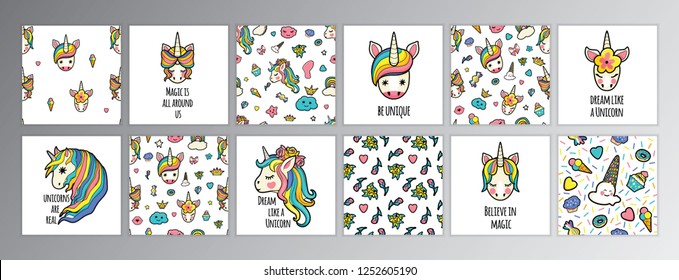 unicorn face set with quotes. vector portrait of a funny unicorn girl with text. Set of vector banners with cute unicorn. set pattern with rainbow, donut, ice cream, clouds