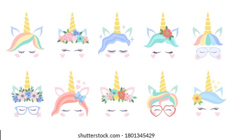 Unicorn Face. Various Cute Pony Unicorns Funny Heads. Magic Horn In Rainbow Flower Wreath In Colorful Hair And Great Eyelashes With Glasses Cartoon Vector Flat Characters