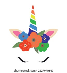Unicorn face vector icon with flowers and closed eyes icon isolated on white background