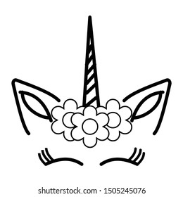 Unicorn face vector illustration. Outlined, without face border. Flat, cartoon design in black and white.