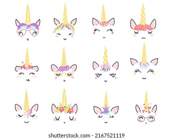 Unicorn faces. Cute pony facial expressions with rainbow hair, beautiful eyelashes and golden horn with flower wreath on head. Vector face character animal unicorn illustration