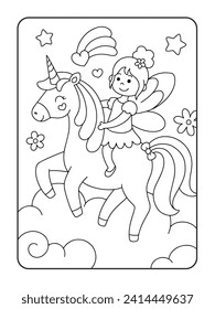 unicorn and fairy coloring page illustration