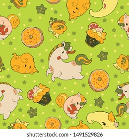 Unicorn Fairy doughnut cupcake fantasy doodle Kawaii cartoons Seamless pattern vector with Lemon yellow green tone and green background