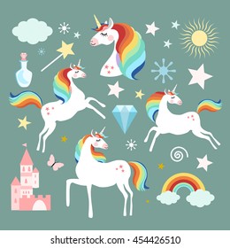 Unicorn fairy magic elements collection, isolated vector objects, flat design