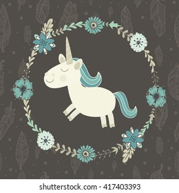 Unicorn. Fairytale. Dream. Fantasy. Little cute unicorn. Flowers and herbs. Nature,spring, summer. Floral wreath. Vector illustration