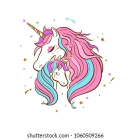 Unicorn family. Love. Magic. Dream. Vector hand drawn illustration card postcard