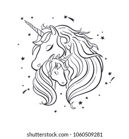 Unicorn family. Love. Magic. Dream. Vector hand drawn illustration card postcard