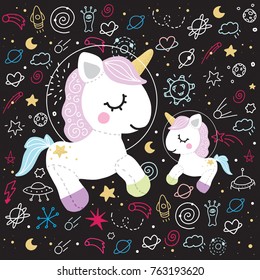 Unicorn family space mother baby black background 