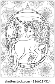 Unicorn and fantastic vintage flowers. Vector illustration. In art nouveau style, vintage, old, retro style. Outline hand drawing. Good for coloring page for the adult coloring book.