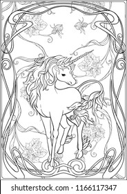 Unicorn and fantastic vintage flowers. Vector illustration. In art nouveau style, vintage, old, retro style. Outline hand drawing. Good for coloring page for the adult coloring book.