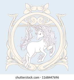 Unicorn and fantastic vintage flowers. Vector illustration. In art nouveau style, vintage, old, retro style In vintage blue and beige colors.