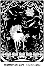 Unicorn and fantastic vintage flowers. Vector illustration. In art nouveau style, vintage, old, retro style. Black and white graphics.