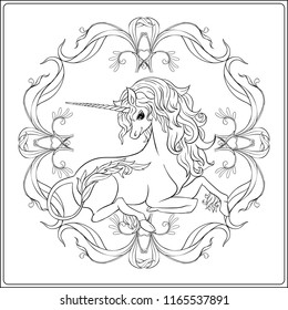 Unicorn and fantastic vintage frame and flowers. Vector illustration. In art nouveau style, vintage, old, retro style. Outline hand drawing. Good for coloring page for the adult coloring book.