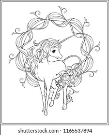 Unicorn and fantastic vintage frame and flowers. Vector illustration. In art nouveau style, vintage, old, retro style. Outline hand drawing. Good for coloring page for the adult coloring book.