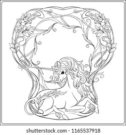 Unicorn and fantastic vintage frame and flowers. Vector illustration. In art nouveau style, vintage, old, retro style. Outline hand drawing. Good for coloring page for the adult coloring book.