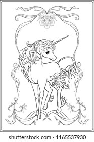Unicorn and fantastic vintage frame and flowers. Vector illustration. In art nouveau style, vintage, old, retro style. Outline hand drawing. Good for coloring page for the adult coloring book.
