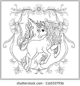 Unicorn and fantastic vintage frame and flowers. Vector illustration. In art nouveau style, vintage, old, retro style. Outline hand drawing. Good for coloring page for the adult coloring book.