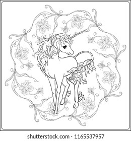 Unicorn and fantastic vintage frame and flowers. Vector illustration. In art nouveau style, vintage, old, retro style. Outline hand drawing. Good for coloring page for the adult coloring book.