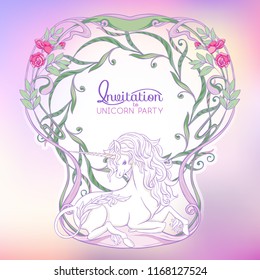 Unicorn and fantastic vintage frame and flowers. Vector illustration. In art nouveau style, vintage, old, retro style In light ultra violet pastel colors on mesh pink, blue background 