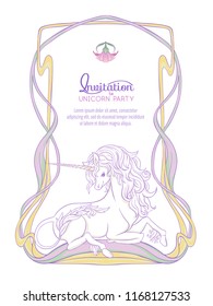 Unicorn and fantastic vintage frame and flowers. Vector illustration. In art nouveau style, vintage, old, retro style In light ultra violet pastel colors on white background.