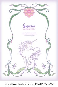 Unicorn and fantastic vintage frame and flowers. Vector illustration. In art nouveau style, vintage, old, retro style In light ultra violet pastel colors on white background.