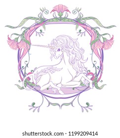 Unicorn and fantastic vintage frame and flowers. Vector illustration. In art nouveau style, vintage, old, retro style In light ultra violet pastel colors on white background.