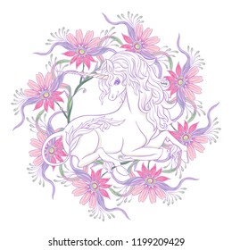 Unicorn and fantastic vintage frame and flowers. Vector illustration. In art nouveau style, vintage, old, retro style In light ultra violet pastel colors on white background.