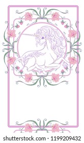 Unicorn and fantastic vintage frame and flowers. Vector illustration. In art nouveau style, vintage, old, retro style In light ultra violet pastel colors on white background.