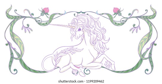 Unicorn and fantastic vintage frame and flowers. Vector illustration. In art nouveau style, vintage, old, retro style In light ultra violet pastel colors on white background.