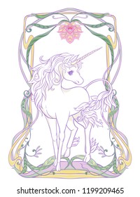 Unicorn and fantastic vintage frame and flowers. Vector illustration. In art nouveau style, vintage, old, retro style In light ultra violet pastel colors on white background.