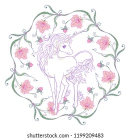 Unicorn and fantastic vintage frame and flowers. Vector illustration. In art nouveau style, vintage, old, retro style In light ultra violet pastel colors on white background.