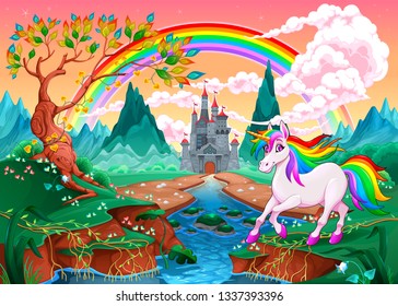 Unicorn In A Fantasy Landscape With Rainbow And Castle. Vector Illustration.
