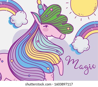 unicorn fantasy magic cartoon rainbow sun clouds sky vector illustration
