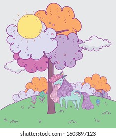 unicorn fantasy magic cartoon tree field clouds sky landscape vector illustration