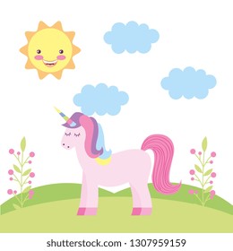 Unicorn fantasy on landscape with sun cartoons vector graphic digital image