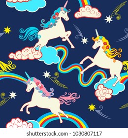 Unicorn Fantasy Pattern, Children's Seamless Funny Background, Creative Fashion fabric Design for Babies and little Kids