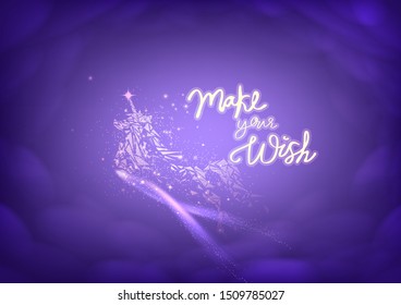 Unicorn fantasy polygon, gold stars shiny, Make your wish messages calligraphy background vector illustration