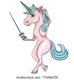 
Unicorn fencer. Cartoon style. Isolated image on white background. Clip art for children. 
