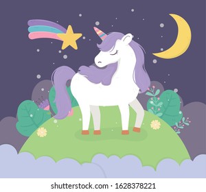 unicorn field moon night star fantasy magic dream cute cartoon vector illustration
