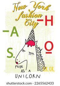 unicorn figure print pattern consisting of colorful texts suitable for textile white background