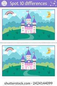 Unicorn find differences game for children. Fairytale educational activity with castle, rainbow, magic kingdom, night landscape background. Cute puzzle for kids with funny fantasy character
