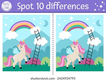 Unicorn find differences game for children. Fairytale educational activity with horse with horn, rainbow, magic night landscape background. Cute puzzle for kids with funny fantasy character
